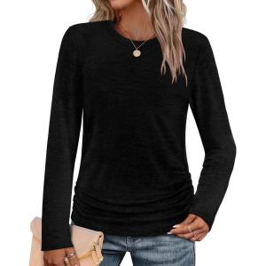 imageSAMPEEL Womens Sweaters Long Sleeve Shirts Fall Fashion 2025 Trendy Tops Ruched Outfits Winter ClothingBlack