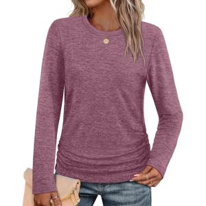 imageSAMPEEL Womens Sweaters Long Sleeve Shirts Fall Fashion 2025 Trendy Tops Ruched Outfits Winter ClothingClassic Purple