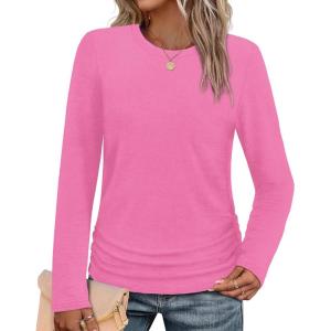 imageSAMPEEL Womens Sweaters Long Sleeve Shirts Fall Fashion 2025 Trendy Tops Ruched Outfits Winter ClothingHot Pink