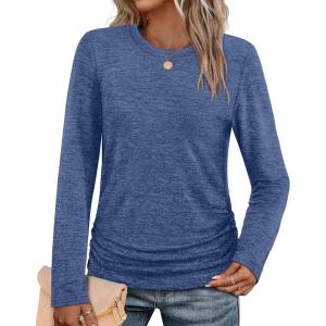 imageSAMPEEL Womens Sweaters Long Sleeve Shirts Fall Fashion 2025 Trendy Tops Ruched Outfits Winter ClothingNavy