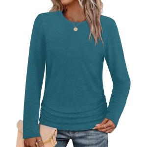 imageSAMPEEL Womens Sweaters Long Sleeve Shirts Fall Fashion 2025 Trendy Tops Ruched Outfits Winter ClothingPeacock Blue