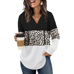 imageSampeel Hoodies for Women Trendy Fall Fashion 2025 V Neck Oversized Sweatshirt Plus Size Tops ClothesBlack and White Leopard Print