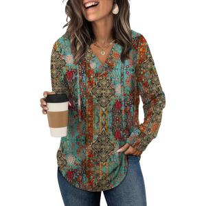 imageSampeel Hoodies for Women Trendy Fall Fashion 2025 V Neck Oversized Sweatshirt Plus Size Tops ClothesBlue Orange Print