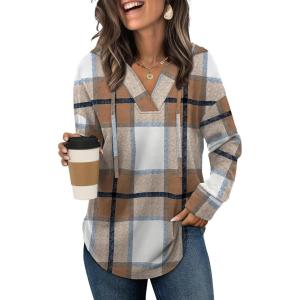 imageSampeel Hoodies for Women Trendy Fall Fashion 2025 V Neck Oversized Sweatshirt Plus Size Tops ClothesBrown Plaid
