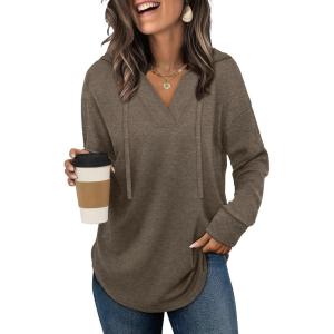 imageSampeel Hoodies for Women Trendy Fall Fashion 2025 V Neck Oversized Sweatshirt Plus Size Tops ClothesCoffee
