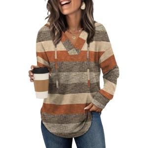 imageSampeel Hoodies for Women Trendy Fall Fashion 2025 V Neck Oversized Sweatshirt Plus Size Tops ClothesCoffee Stripes