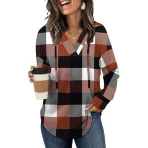 imageSampeel Hoodies for Women Trendy Fall Fashion 2025 V Neck Oversized Sweatshirt Plus Size Tops ClothesOrange Plaid