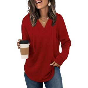 imageSampeel Hoodies for Women Trendy Fall Fashion 2025 V Neck Oversized Sweatshirt Plus Size Tops ClothesRed