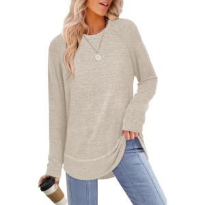 imageSampeel Long Sleeve Shirts for Women Tunic Tops Loose Fit Dressy Crew Neck Pullover Basic Sweaters for Women 2025Apricot