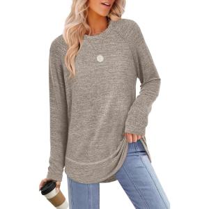 imageSampeel Long Sleeve Shirts for Women Tunic Tops Loose Fit Dressy Crew Neck Pullover Basic Sweaters for Women 2025Khaki