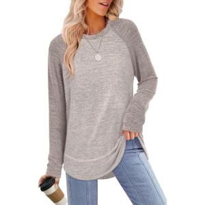imageSampeel Long Sleeve Shirts for Women Tunic Tops Loose Fit Dressy Crew Neck Pullover Basic Sweaters for Women 2025Khaki Coffee
