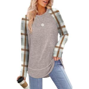 imageSampeel Long Sleeve Shirts for Women Tunic Tops Loose Fit Dressy Crew Neck Pullover Basic Sweaters for Women 2025Plaid Brown