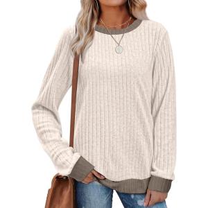 imageSampeel Womens Tops Long Sleeve Shirts Lightweight Sweaters Loose Fit Crewneck Color Block Fall Fashion OutfitsApricot