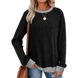 imageSampeel Womens Tops Long Sleeve Shirts Lightweight Sweaters Loose Fit Crewneck Color Block Fall Fashion OutfitsBlack