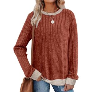 imageSampeel Womens Tops Long Sleeve Shirts Lightweight Sweaters Loose Fit Crewneck Color Block Fall Fashion OutfitsCaramel