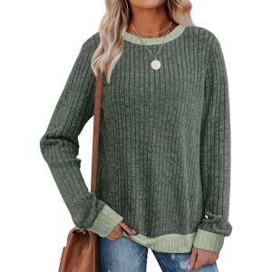 imageSampeel Womens Tops Long Sleeve Shirts Lightweight Sweaters Loose Fit Crewneck Color Block Fall Fashion OutfitsClassic Green