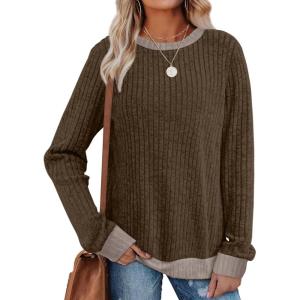 imageSampeel Womens Tops Long Sleeve Shirts Lightweight Sweaters Loose Fit Crewneck Color Block Fall Fashion OutfitsDark Brown