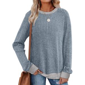imageSampeel Womens Tops Long Sleeve Shirts Lightweight Sweaters Loose Fit Crewneck Color Block Fall Fashion OutfitsEarth Blue