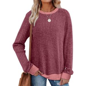 imageSampeel Womens Tops Long Sleeve Shirts Lightweight Sweaters Loose Fit Crewneck Color Block Fall Fashion OutfitsFuchsia