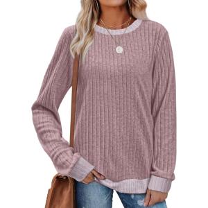 imageSampeel Womens Tops Long Sleeve Shirts Lightweight Sweaters Loose Fit Crewneck Color Block Fall Fashion OutfitsGrey Pink