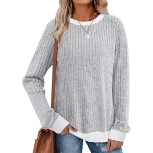 imageSampeel Womens Tops Long Sleeve Shirts Lightweight Sweaters Loose Fit Crewneck Color Block Fall Fashion OutfitsLight Grey