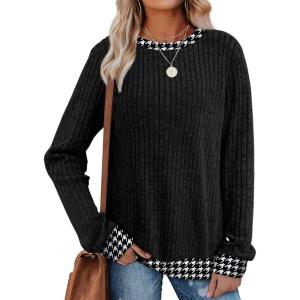 imageSampeel Womens Tops Long Sleeve Shirts Lightweight Sweaters Loose Fit Crewneck Color Block Fall Fashion OutfitsMatch Black Print