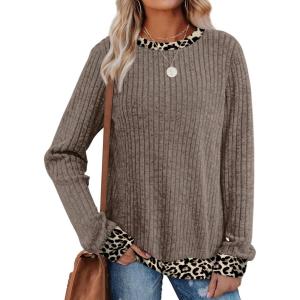 imageSampeel Womens Tops Long Sleeve Shirts Lightweight Sweaters Loose Fit Crewneck Color Block Fall Fashion OutfitsMatch Leopard