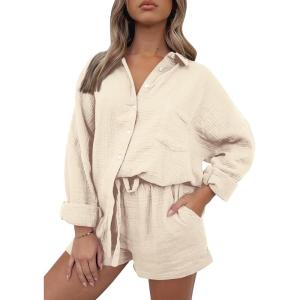 imageTrendy Queen Two Piece Sets For Women Summer Short Sets Beach Vcation Lounge Pajama 2 Piece Spring Outfits Fashion 2025Beige