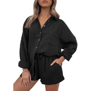 imageTrendy Queen Two Piece Sets For Women Summer Short Sets Beach Vcation Lounge Pajama 2 Piece Spring Outfits Fashion 2025Black