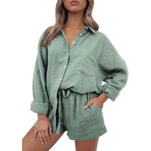 imageTrendy Queen Two Piece Sets For Women Summer Short Sets Beach Vcation Lounge Pajama 2 Piece Spring Outfits Fashion 2025Green