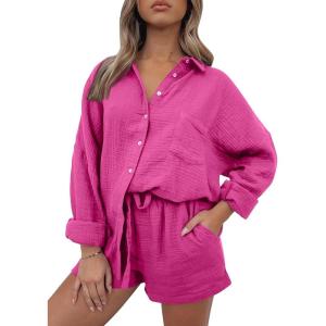 imageTrendy Queen Two Piece Sets For Women Summer Short Sets Beach Vcation Lounge Pajama 2 Piece Spring Outfits Fashion 2025Hotpink