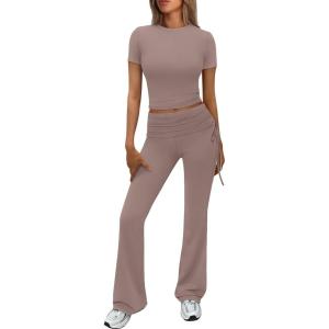 imageTrendy Queen womens Summer Two Piece Sets 2 Piece Lounge Sets Outfits Matching Pajamas Joggers Casual Y2k Trendy Tracksuits Travel Tops Drawstring Flare Pants 2024 Clothes Small Coffeegrey