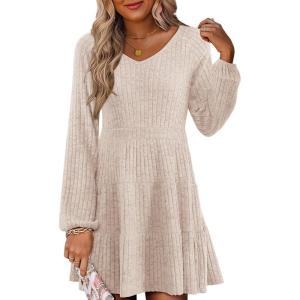 imageWomens Long Sleeve V Neck Sweater Dress Ribbed Knit Casual Babydoll Tiered Short Mini Fall Tunic DressesApricot