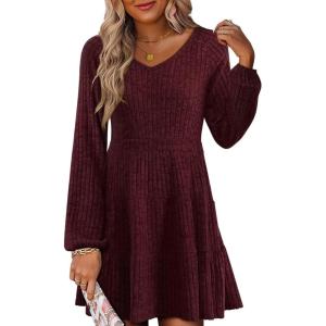 imageWomens Long Sleeve V Neck Sweater Dress Ribbed Knit Casual Babydoll Tiered Short Mini Fall Tunic DressesBurgundy