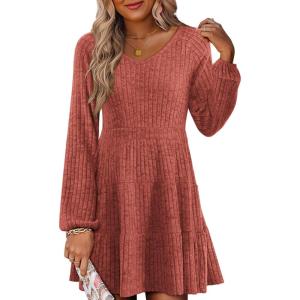 imageWomens Long Sleeve V Neck Sweater Dress Ribbed Knit Casual Babydoll Tiered Short Mini Fall Tunic DressesCaramel