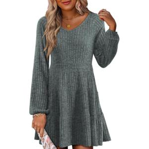 imageWomens Long Sleeve V Neck Sweater Dress Ribbed Knit Casual Babydoll Tiered Short Mini Fall Tunic DressesGreen