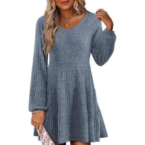 imageWomens Long Sleeve V Neck Sweater Dress Ribbed Knit Casual Babydoll Tiered Short Mini Fall Tunic DressesGrey Blue