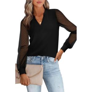 imageWomens Mesh Long Sleeve Shirts Dressy Casual V Neck Blouses Business Work TopsBlack
