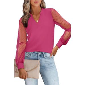 imageWomens Mesh Long Sleeve Shirts Dressy Casual V Neck Blouses Business Work TopsHot Pink