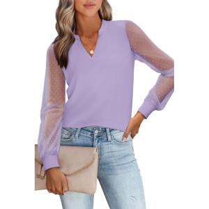 imageWomens Mesh Long Sleeve Shirts Dressy Casual V Neck Blouses Business Work TopsLavender