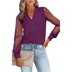 imageWomens Mesh Long Sleeve Shirts Dressy Casual V Neck Blouses Business Work TopsPurple