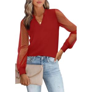 imageWomens Mesh Long Sleeve Shirts Dressy Casual V Neck Blouses Business Work TopsRed