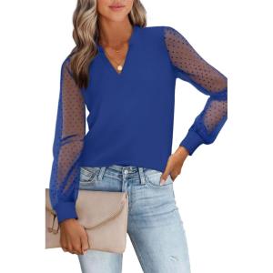 imageWomens Mesh Long Sleeve Shirts Dressy Casual V Neck Blouses Business Work TopsRoyal Blue