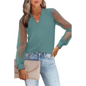imageWomens Mesh Long Sleeve Shirts Dressy Casual V Neck Blouses Business Work TopsSage Green
