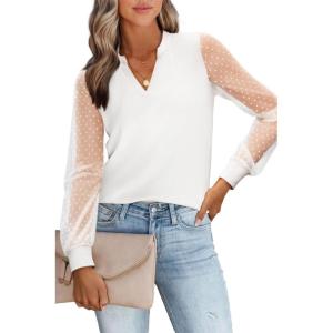 imageWomens Mesh Long Sleeve Shirts Dressy Casual V Neck Blouses Business Work TopsWhite