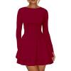 imageKaximil Womens Crew Neck Long Sleeve Corset Mini Dress Ruffle Hem Short Party Club DressesWine Red