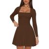 imageKaximil Womens Square Neck Long Sleeve Mini Dress Ruffle Hem Corset Short Party Club DressesCoffee