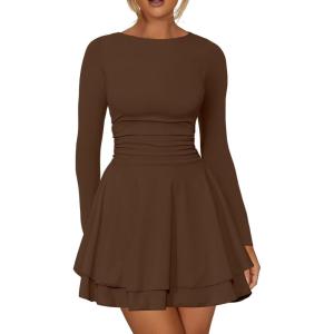 imageKaximil Womens Crew Neck Long Sleeve Corset Mini Dress Ruffle Hem Short Party Club DressesCoffee