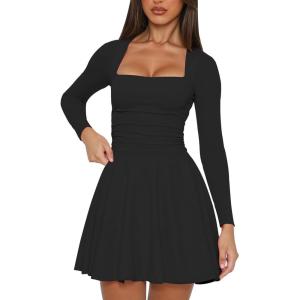 imageKaximil Womens Square Neck Long Sleeve Mini Dress Ruffle Hem Corset Short Party Club DressesBlack