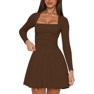 imageKaximil Womens Square Neck Long Sleeve Mini Dress Ruffle Hem Corset Short Party Club DressesCoffee